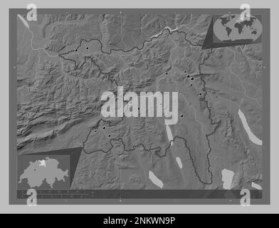 Aargau, cantone della Svizzera. Mappa in scala di grigi con laghi e fiumi. Posizioni delle principali città della regione. Mappe delle posizioni ausiliarie degli angoli Foto Stock