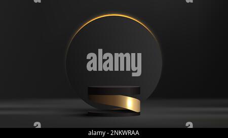 3D moderno e realistico piedistallo da podio nero e oro con cerchio grigio e illuminazione al neon giallo minima scena parete sfondo scuro. Prodotto Illustrazione Vettoriale