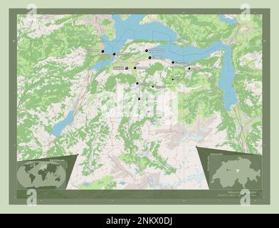 Nidvaldo, cantone della Svizzera. Aprire la mappa stradale. Località e nomi delle principali città della regione. Mappe delle posizioni ausiliarie degli angoli Foto Stock