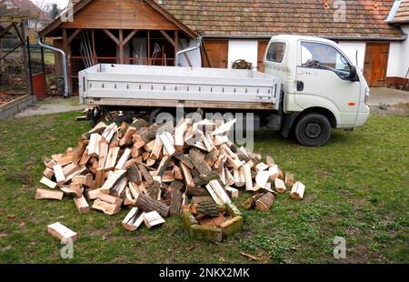 Consegna in camion di tronchi di quercia e frassino spaccati per la combustione nel giardino di una casa contadina tradizionale, Szigethalom, Ungheria Foto Stock