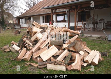 Consegna di tronchi di quercia e frassino spaccati per bruciare nel giardino di una casa contadina tradizionale, Szigethalom, Ungheria Foto Stock