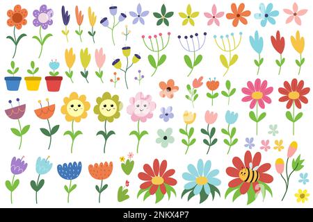 Doodle fiori grande collezione in stile cartone animato. Piante e fiori con fascio di foglie Illustrazione Vettoriale