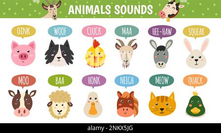 Animali da fattoria che fanno set in stile cartone animato. Come dicono poster educativo per i bambini Illustrazione Vettoriale