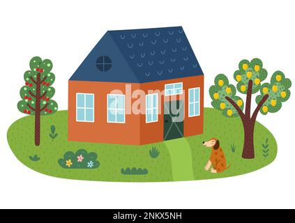 Stampa paesaggio in stile cartoon con carino cane, casa e alberi. Prato verde estivo Illustrazione Vettoriale