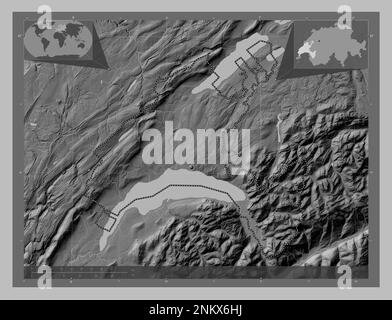 Vaud, cantone della Svizzera. Mappa in scala di grigi con laghi e fiumi. Mappe delle posizioni ausiliarie degli angoli Foto Stock