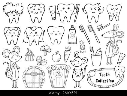 Collezione denti bianchi e neri con personaggi simpatici. Set per dentisti line art Illustrazione Vettoriale