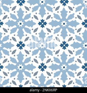 Azulejo portoghese piastrella ornamentale floreale. Disegno a mano blu pallido marocchino senza cuciture per biglietti d'auguri Ramadan. Sfondo islamico, tessuto Illustrazione Vettoriale