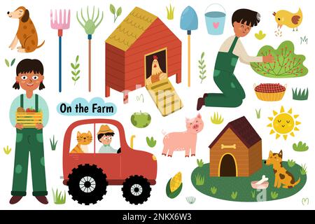 Sul set fattoria con animali carini e bambini agricoltori. Campagna vita elementi collezione Illustrazione Vettoriale