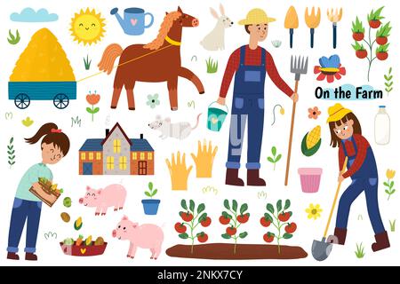 Grazioso set di fattoria con animali e bambini agricoltori. Collezione agricola Illustrazione Vettoriale