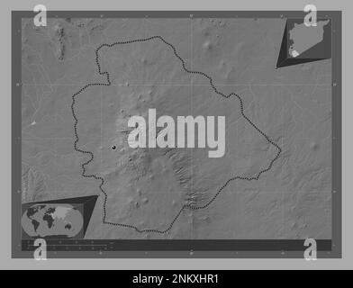 Come Suwaydaa', provincia di Siria. Mappa altimetrica bilivello con laghi e fiumi. Mappe delle posizioni ausiliarie degli angoli Foto Stock