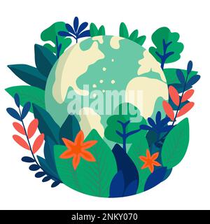 Giornata mondiale dell'ambiente. Giorno della terra. Concetto di problema dello stile di vita sostenibile e del cambiamento climatico. Terra globo con foglie, alberi e fiori. Concept design per banner, poster, biglietti d'auguri. Illustrazione Vettoriale