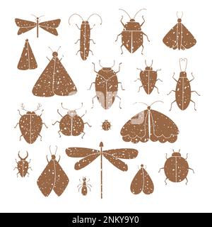 Set di illustrazioni di insetti grunge isolati da vettori. Silhouette di farfalla, formica, mooth, bug, scarafaggio, ladybug, libellula. Illustrazione Vettoriale