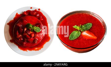 Frittelle americane e marmellata di fragole su sfondo bianco isolato Foto Stock