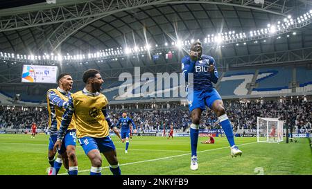Al Wakrah, Qatar. 23 febbraio 2023, Moussa Marega di al-Hilal SFC festeggia dopo aver segnato un gol di vittoria di 87th minuti contro il Foolad Khuzestan FC (IRN) durante la loro partita di quarti di finale di AFC Champions League 2022 al Janoub Stadium il 23 febbraio 2023 ad al Wakrah, Qatar. Foto di Victor Fraile / Power Sport immagini Foto Stock