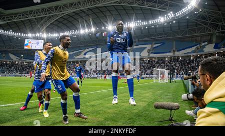 Al Wakrah, Qatar. 23 febbraio 2023, Moussa Marega di al-Hilal SFC festeggia dopo aver segnato un gol di vittoria di 87th minuti contro il Foolad Khuzestan FC (IRN) durante la loro partita di quarti di finale di AFC Champions League 2022 al Janoub Stadium il 23 febbraio 2023 ad al Wakrah, Qatar. Foto di Victor Fraile / Power Sport immagini Foto Stock