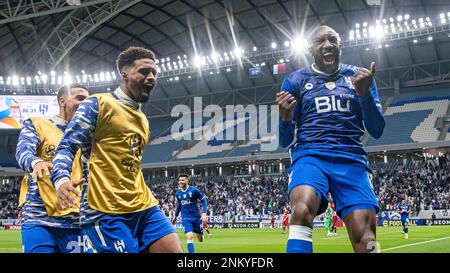 Al Wakrah, Qatar. 23 febbraio 2023, Moussa Marega di al-Hilal SFC festeggia dopo aver segnato un gol di vittoria di 87th minuti contro il Foolad Khuzestan FC (IRN) durante la loro partita di quarti di finale di AFC Champions League 2022 al Janoub Stadium il 23 febbraio 2023 ad al Wakrah, Qatar. Foto di Victor Fraile / Power Sport immagini Foto Stock