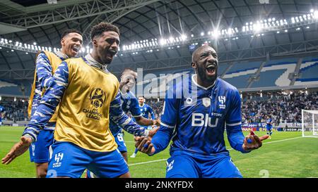 Al Wakrah, Qatar. 23 febbraio 2023, Moussa Marega di al-Hilal SFC festeggia dopo aver segnato un gol di vittoria di 87th minuti contro il Foolad Khuzestan FC (IRN) durante la loro partita di quarti di finale di AFC Champions League 2022 al Janoub Stadium il 23 febbraio 2023 ad al Wakrah, Qatar. Foto di Victor Fraile / Power Sport immagini Foto Stock