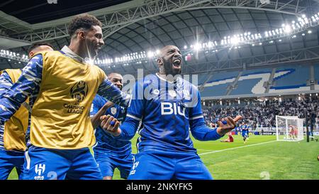 Al Wakrah, Qatar. 23 febbraio 2023, Moussa Marega di al-Hilal SFC festeggia dopo aver segnato un gol di vittoria di 87th minuti contro il Foolad Khuzestan FC (IRN) durante la loro partita di quarti di finale di AFC Champions League 2022 al Janoub Stadium il 23 febbraio 2023 ad al Wakrah, Qatar. Foto di Victor Fraile / Power Sport immagini Foto Stock