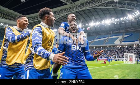 Al Wakrah, Qatar. 23 febbraio 2023, Moussa Marega di al-Hilal SFC festeggia dopo aver segnato un gol di vittoria di 87th minuti contro il Foolad Khuzestan FC (IRN) durante la loro partita di quarti di finale di AFC Champions League 2022 al Janoub Stadium il 23 febbraio 2023 ad al Wakrah, Qatar. Foto di Victor Fraile / Power Sport immagini Foto Stock