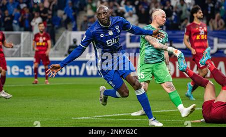Al Wakrah, Qatar. 23 febbraio 2023, Moussa Marega di al-Hilal SFC festeggia dopo aver segnato un gol di vittoria di 87th minuti contro il Foolad Khuzestan FC (IRN) durante la loro partita di quarti di finale di AFC Champions League 2022 al Janoub Stadium il 23 febbraio 2023 ad al Wakrah, Qatar. Foto di Victor Fraile / Power Sport immagini Foto Stock