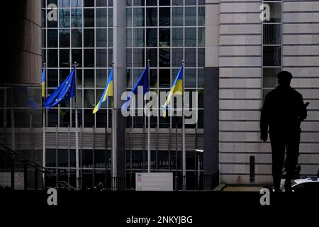 Bruxelles, Belgio. 24th Feb, 2023. Bandiere di Ucraina e UE volano davanti al Parlamento europeo in occasione del primo anniversario dell'invasione russa, a Bruxelles, Belgio 24 febbraio 2023 Credit: ALEXANDROS MICHAILIDIS/Alamy Live News Foto Stock