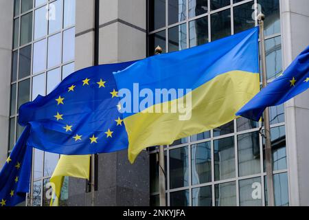 Bruxelles, Belgio. 24th Feb, 2023. Bandiere di Ucraina e UE volano davanti al Parlamento europeo in occasione del primo anniversario dell'invasione russa, a Bruxelles, Belgio 24 febbraio 2023 Credit: ALEXANDROS MICHAILIDIS/Alamy Live News Foto Stock