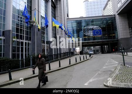 Bruxelles, Belgio. 24th Feb, 2023. Bandiere di Ucraina e UE volano davanti al Parlamento europeo in occasione del primo anniversario dell'invasione russa, a Bruxelles, Belgio 24 febbraio 2023 Credit: ALEXANDROS MICHAILIDIS/Alamy Live News Foto Stock