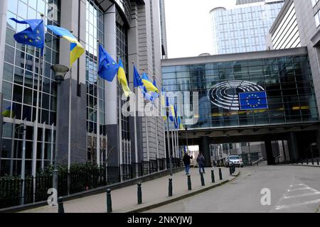 Bruxelles, Belgio. 24th Feb, 2023. Bandiere di Ucraina e UE volano davanti al Parlamento europeo in occasione del primo anniversario dell'invasione russa, a Bruxelles, Belgio 24 febbraio 2023 Credit: ALEXANDROS MICHAILIDIS/Alamy Live News Foto Stock