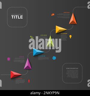 Vector dark scale infografiche passi azienda Milestones Timeline Template con puntatori a triangolo su una linea curva con gradini e icone a colori titoli e. Illustrazione Vettoriale