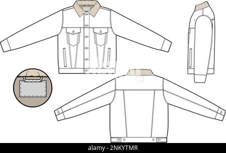 Unisex uomo Sherpa jeans giacca camionista vettore piatto disegno tecnico illustrazione modello per design e tech pack moda CAD streetwear Illustrazione Vettoriale