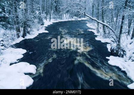 Inverno Nongeling scalinata letto fiume nelle rive innevate. Europa settentrionale Foto Stock