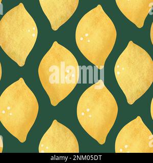 Ripetere il motivo senza cuciture al limone. Limoni interi gialli disegnati a mano su fondo verde. Illustrazione di agrumi raster allover Foto Stock