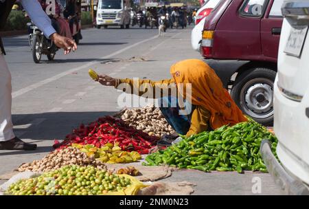 Una donna anziana in abiti tradizionali luminosi che vendono frutta e verdura dalla strada a Jaipur, India Foto Stock