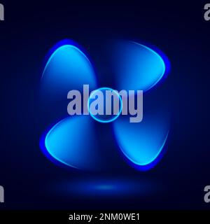 Icona ventilatore aria. Elica blu 3D su sfondo nero. Illustrazione Vettoriale