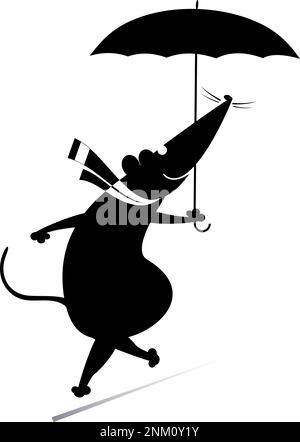 Fine giornata e ratto o topo con ombrello illustrazione. Cammini di topo o di ratto di cartone animato con una silhouette di ombrello nero su bianco Illustrazione Vettoriale