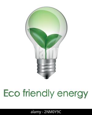 Bulbo di vetro realistico, con foglie verdi all'interno, il concetto di energia ecologica pura verde. Energia ecologica. Nuovo ecosistema Illustrazione Vettoriale