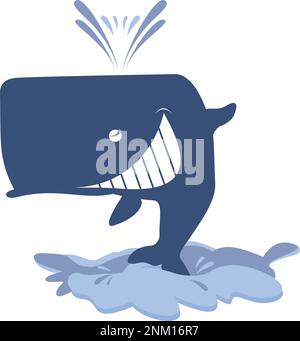 La balena divertente salta fuori dall'illustrazione dell'acqua. Cartone animato che sorride balena è sopra le onde d'acqua isolato su bianco Illustrazione Vettoriale