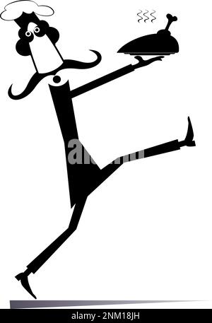 Il cuoco comico porta un vassoio con illustrazione della carne. Il cuoco a fumetti lungo ha un vassoio con una carne fritta, un'anatra o una coscia di pollo nera su bianco Illustrazione Vettoriale