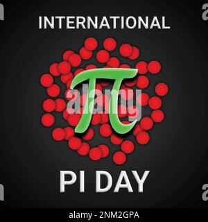 International Pi Day con simbolo Pi e palline rosse su sfondo nero brillante. Concetto di vacanza. Modello per sfondo, banner, scheda, Illustrazione Vettoriale