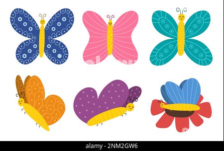 Set di farfalle disegnate a mano. Insetti carini in stile cartoon per il design di bambini e bambini Illustrazione Vettoriale