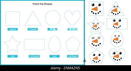 Abbina le forme con la simpatica pagina di attività sul volto di un pupazzo di neve per bambini Illustrazione Vettoriale