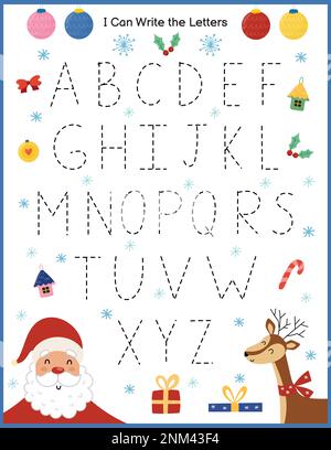 Posso scrivere lettere foglio di lavoro di Natale per i bambini. Pagina delle attività invernali con personaggi simpatici Illustrazione Vettoriale