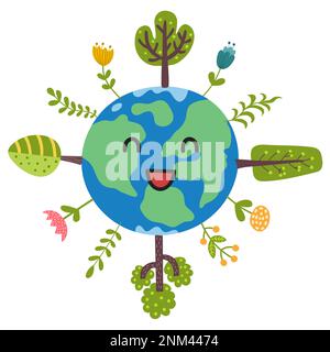 Pianeta Terra felice con alberi e piante stampa. Carino personaggio della Terra Illustrazione Vettoriale