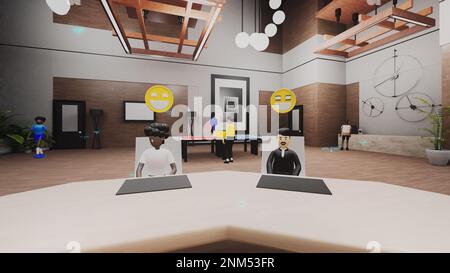 3d rendering di avatar con icone parlare e pianificare la strategia aziendale. Conferenza o riunione d'affari in un futuristico ufficio moderno virtuale. Tecnologie del futuro. Concetto di metaverse e realtà virtuale. Foto Stock