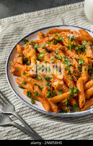 Pasta fatta in casa Vermouth Penne con pomodoro e formaggio Foto Stock