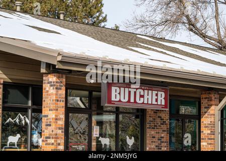 Fort Collins, Colorado, USA - 27 gennaio 2023: Friendly Nick's Butcher, macelleria locale e tradizionale gestita da Nick Chase. Foto Stock