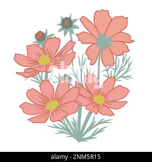 Illustrazione disegnata a mano di fiori di cosmo beige arancio con foglie verdi. Elegante composizione estiva con fogliame blom blom, per biglietti d'auguri invito poster, natura naturale design pastello, botanica petalo realistico Foto Stock