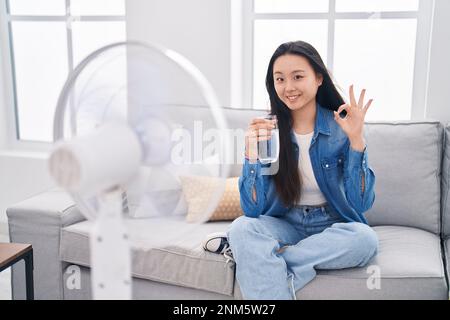 Giovane donna asiatica bere bicchiere d'acqua godendo di aria dal ventilatore facendo segno ok con le dita, sorridendo amichevole gesturing eccellente simbolo Foto Stock