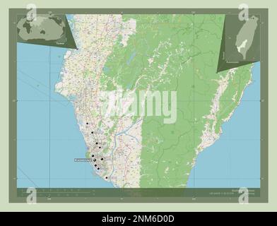 Kaohsiung, comune speciale di Taiwan. Aprire la mappa stradale. Località e nomi delle principali città della regione. Mappe delle posizioni ausiliarie degli angoli Foto Stock