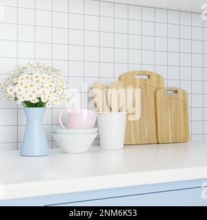 3D Set di ciotole in ceramica per rendering e set di cucchiai in legno per il taglio su armadietto da cucina Foto Stock